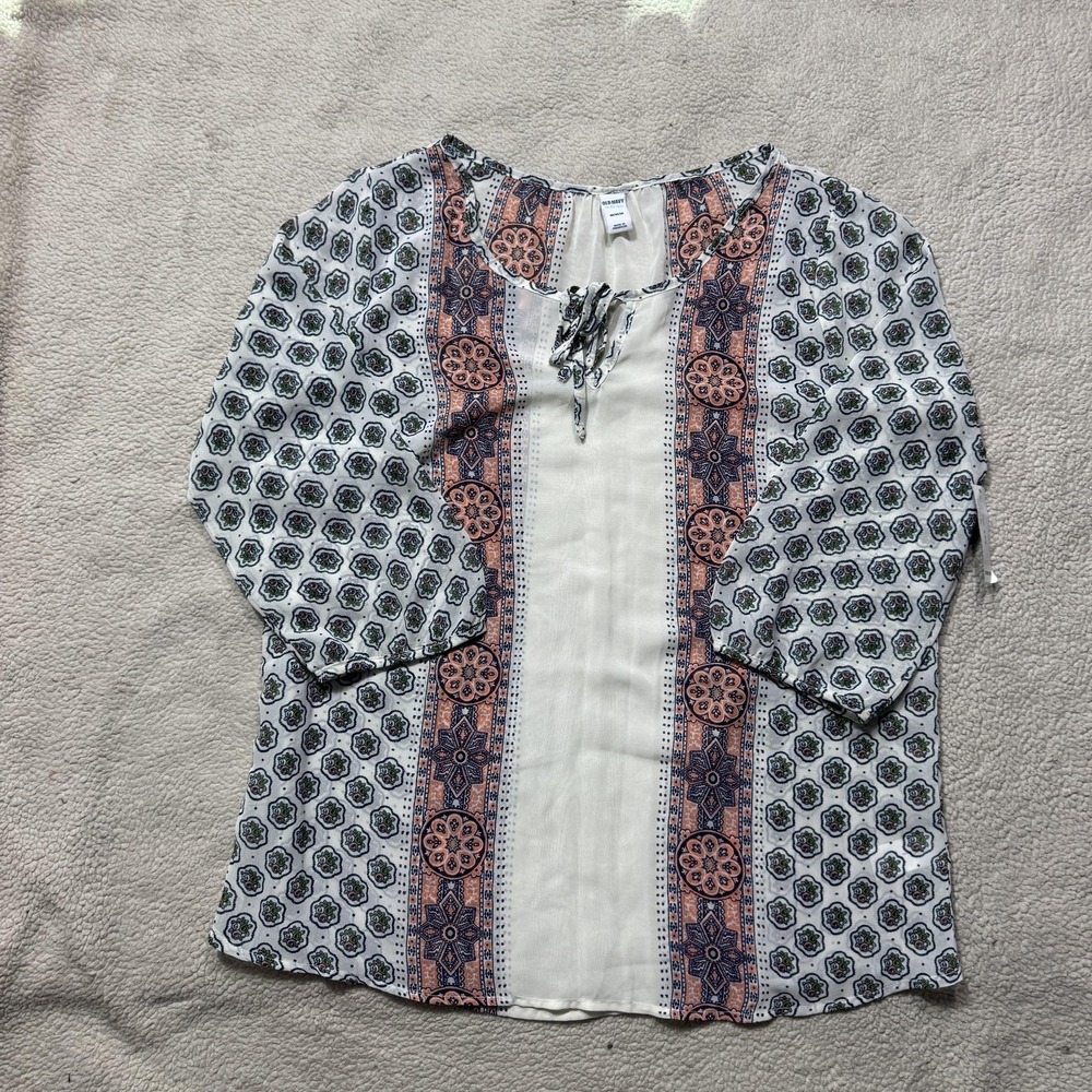 Old Navy Shirt Womens‎ Medium White Blue Boho Floral Print Peasant Top NWT